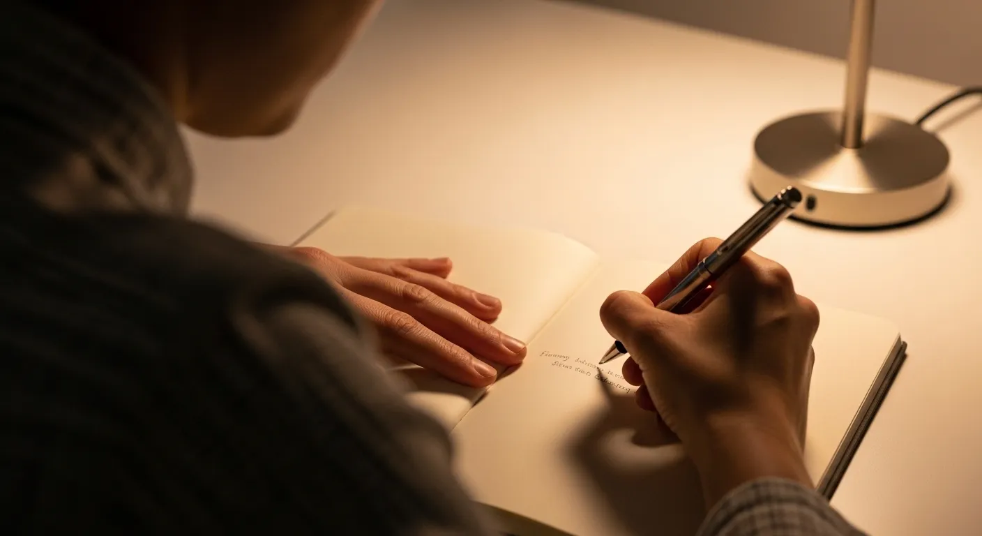 A person writing the first words in a clean notebook on a desk, illuminated by a warm lamp in the evening.