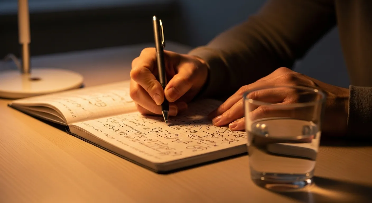 A close-up of hands writing in a notebook under the warm glow of a desk lamp at night.
