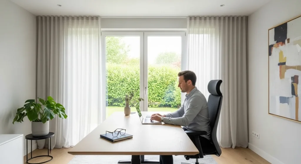 A professional works on a laptop at a clean, organized desk in a sunlit home office with a large window.