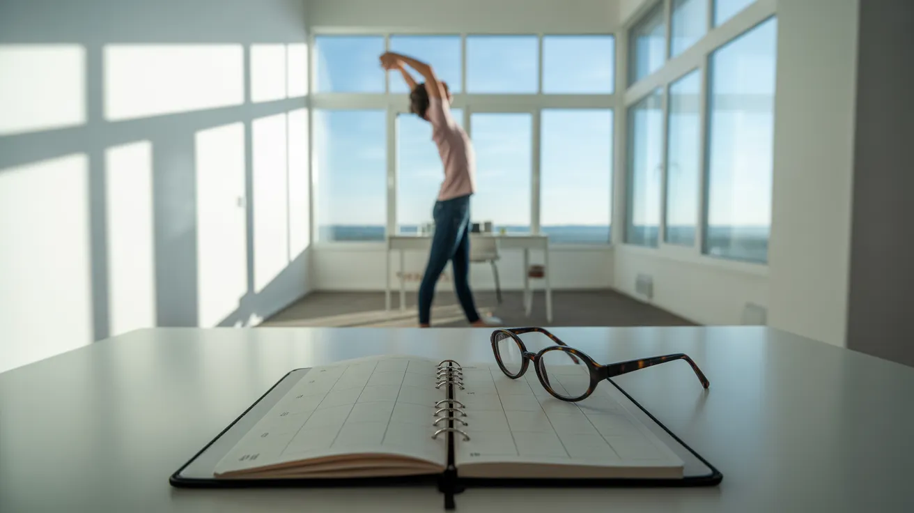 Ultra-wide view of a sunlit home office. A planner sits on a desk in the foreground while a person stretches by a window in the background.