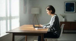 A wide view of a sunlit home office where a person works at a tidy, organized desk by a window, creating a feeling of calm focus.