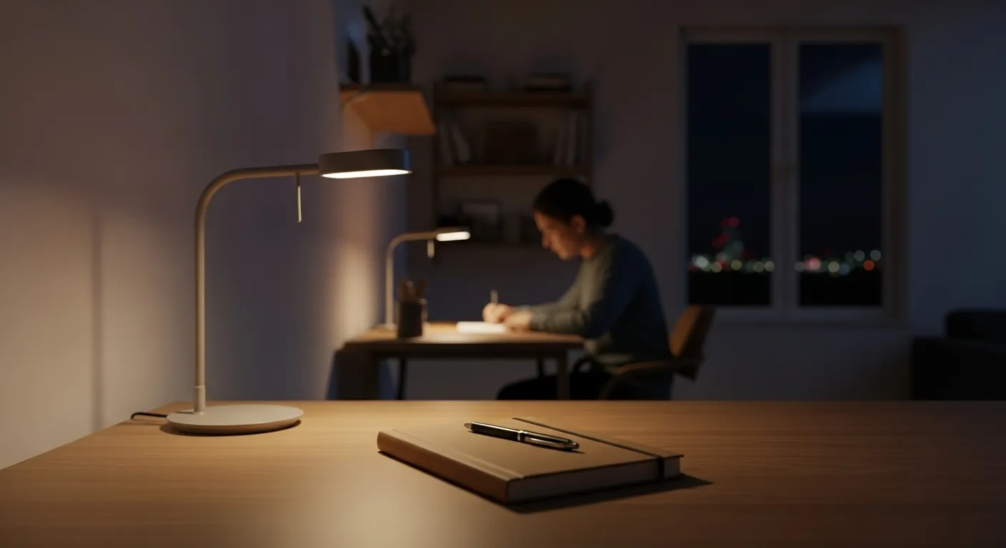 A person works at a tidy desk in a dimly lit room, with the focus on a notebook and pen resting on the desk.