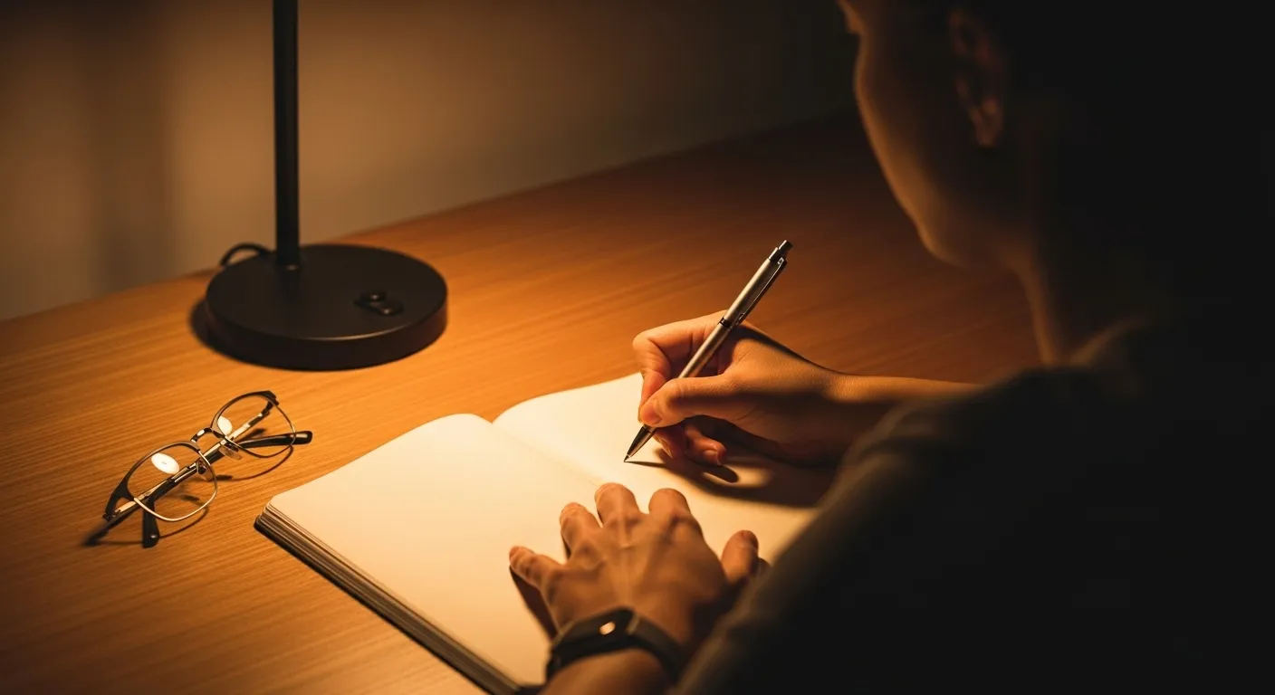 A close-up view of a person's hand writing in a notebook under the warm, focused light of a desk lamp in the evening.
