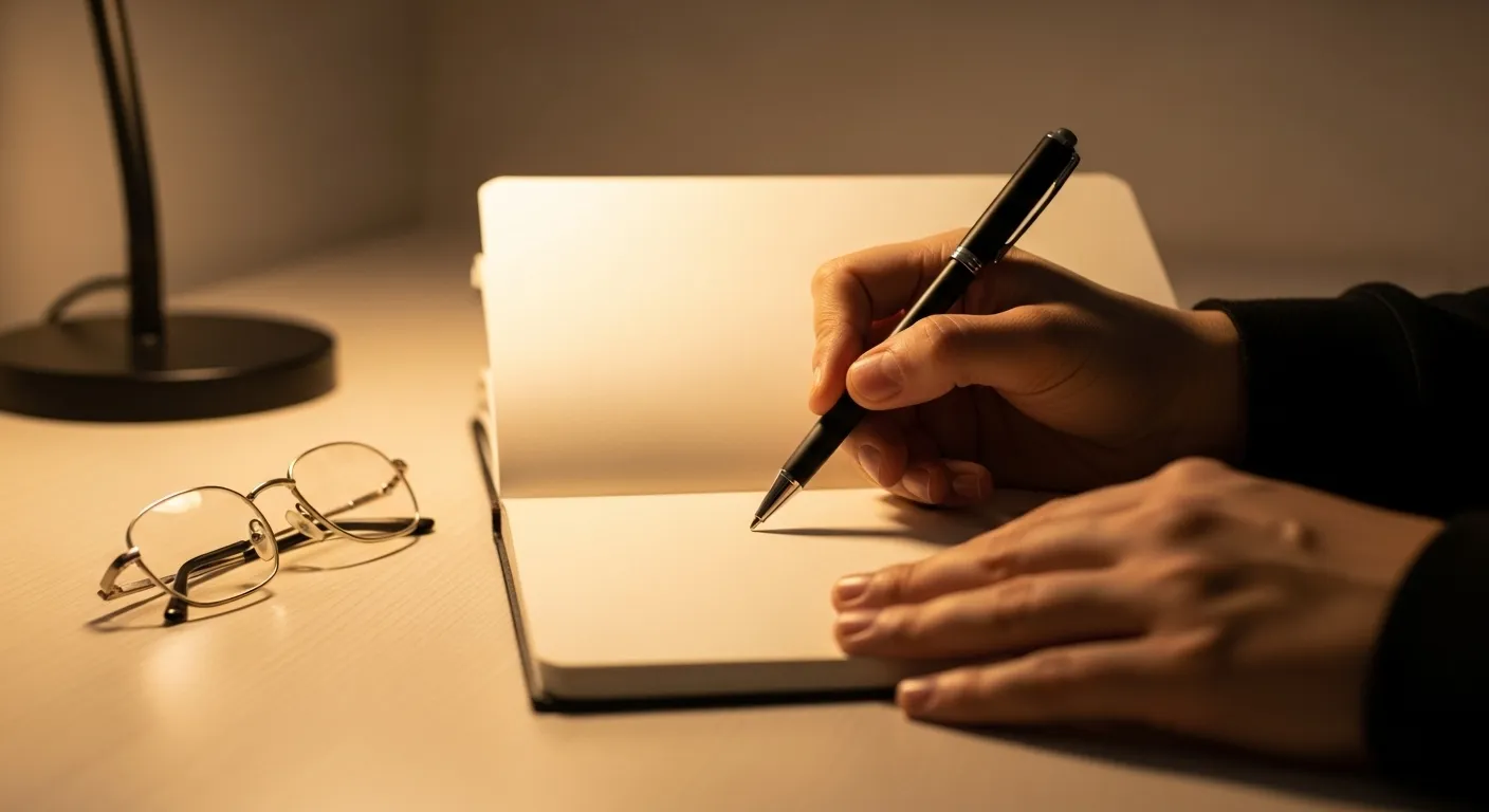 A person's hand is poised to write the first word in a notebook under the warm glow of a desk lamp.