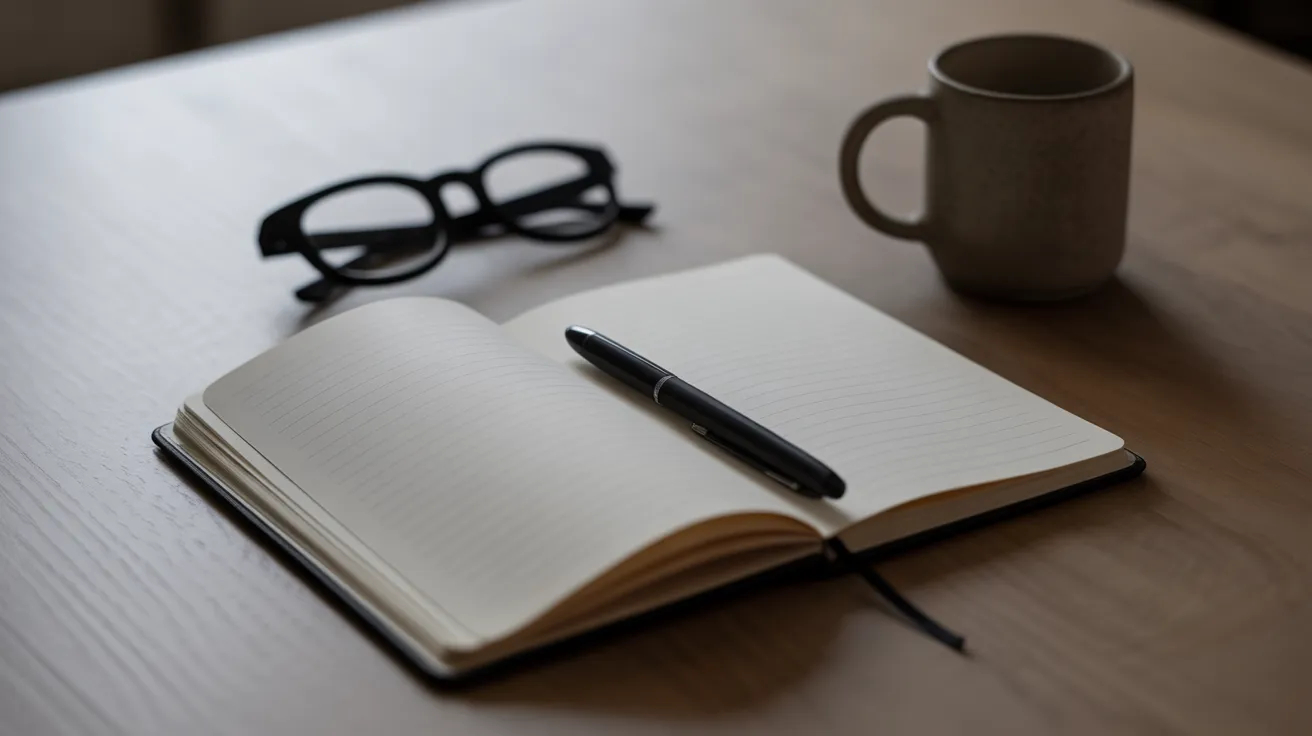 An open notebook and pen on a wooden desk, with reading glasses nearby, suggesting the start of a new plan.
