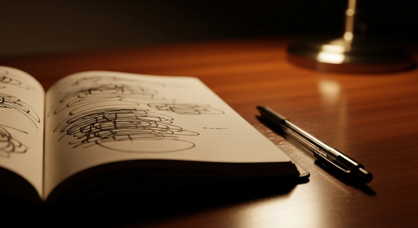 An open notebook with unreadable scribbles on a desk under the warm glow of a lamp, with a pen resting beside it.