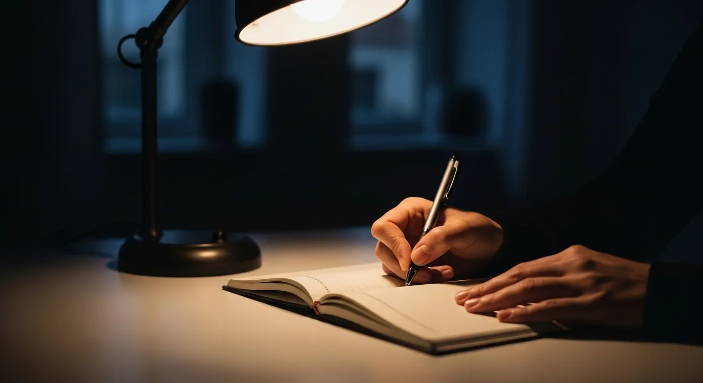 Close-up on a person's hands writing in a notebook under the warm light of a desk lamp at night.