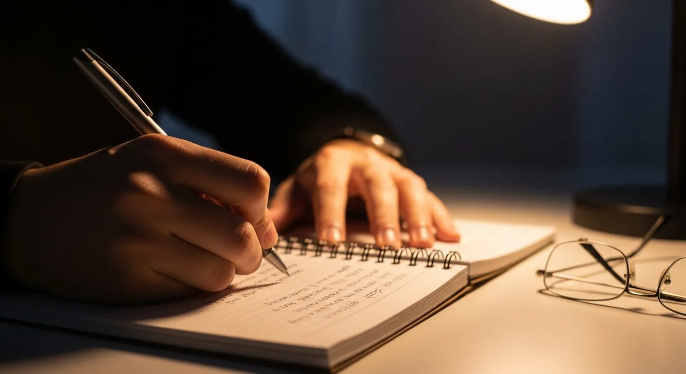 A close-up of a person writing an out-of-focus list in a notebook on a desk, illuminated by a warm desk lamp at night.