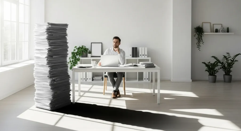 A person at a modern desk in a wide room looks at a towering stack of papers that represents a large, overwhelming task.