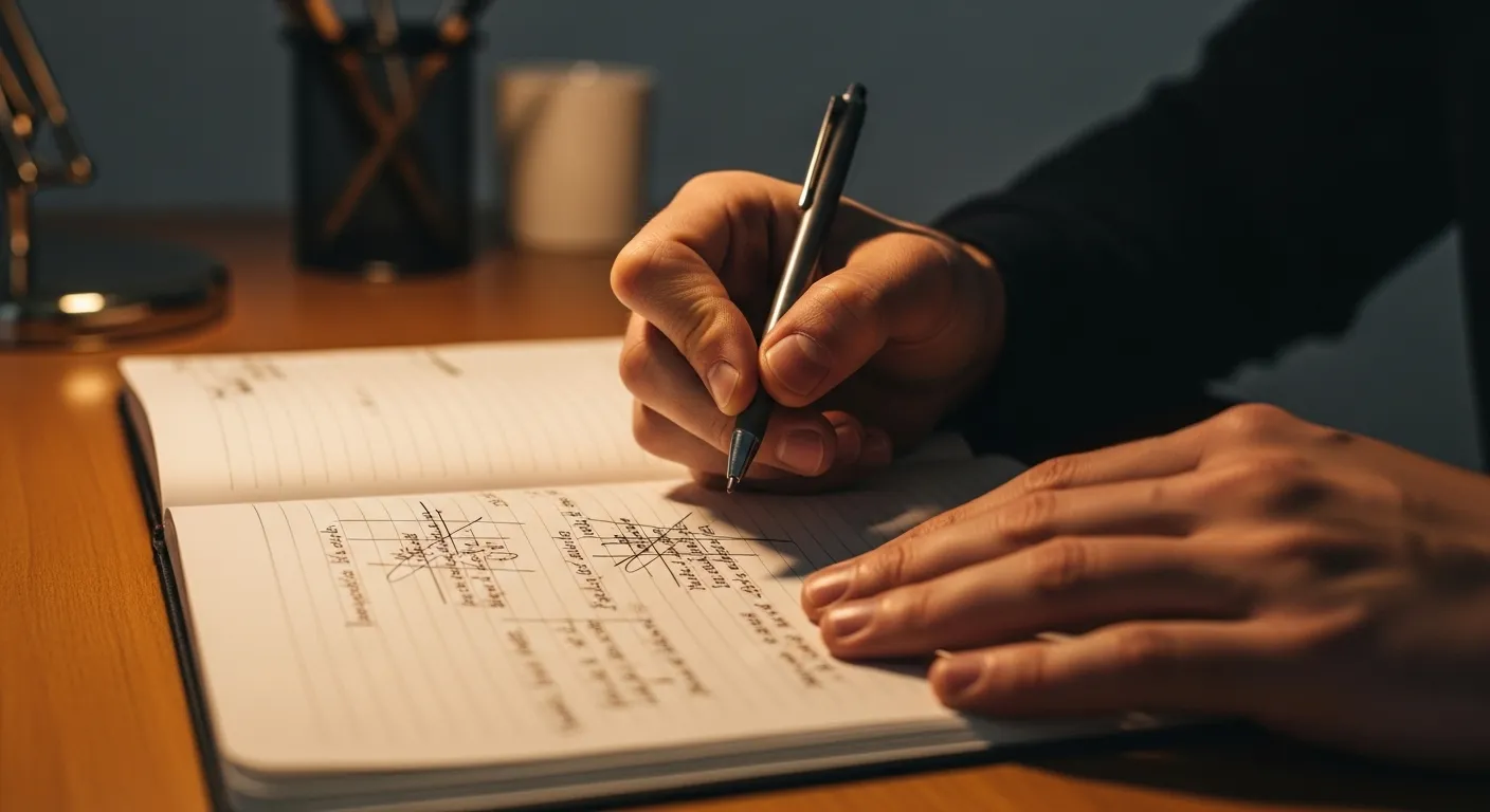 A close-up of hands writing a messy first draft in a notebook by warm lamplight, showing the creative process in action.