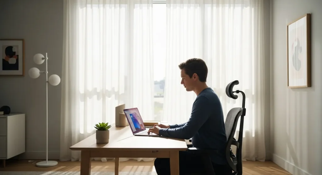 A person works on a laptop at a tidy desk in a bright home office with a large window.