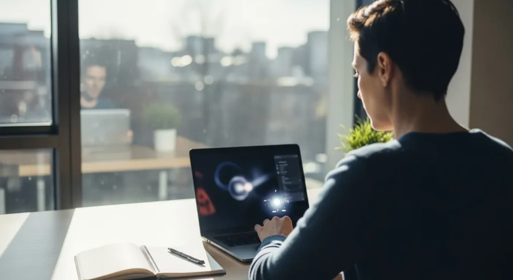 A person seen from behind, working on a laptop at a clean, modern desk in a sunlit room.