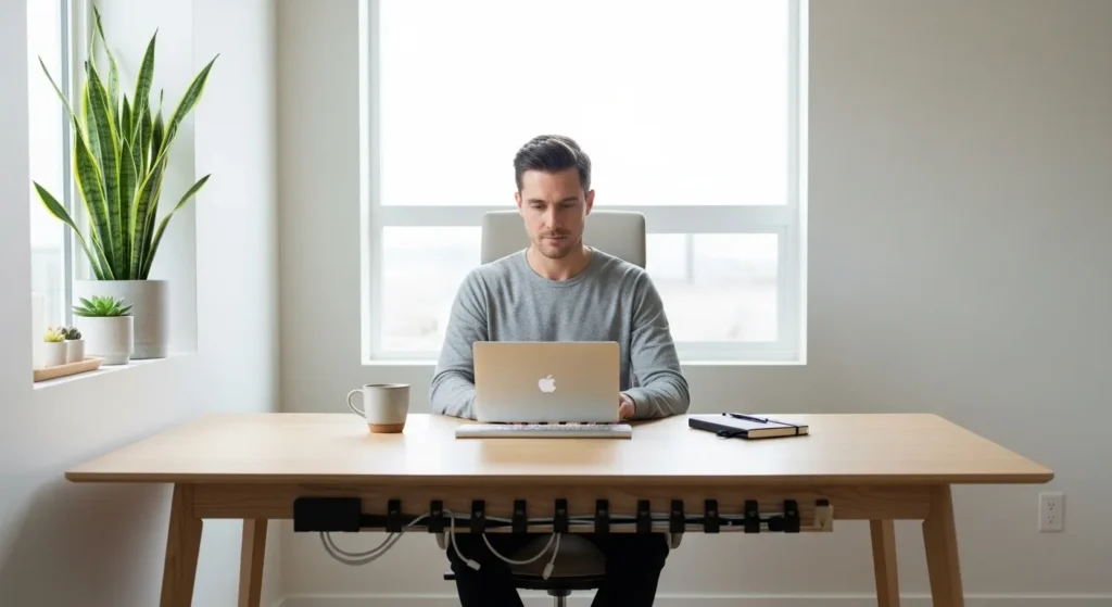 A person works on a laptop at a tidy desk in a sunlit home office, illustrating a focused, distraction-free work environment.