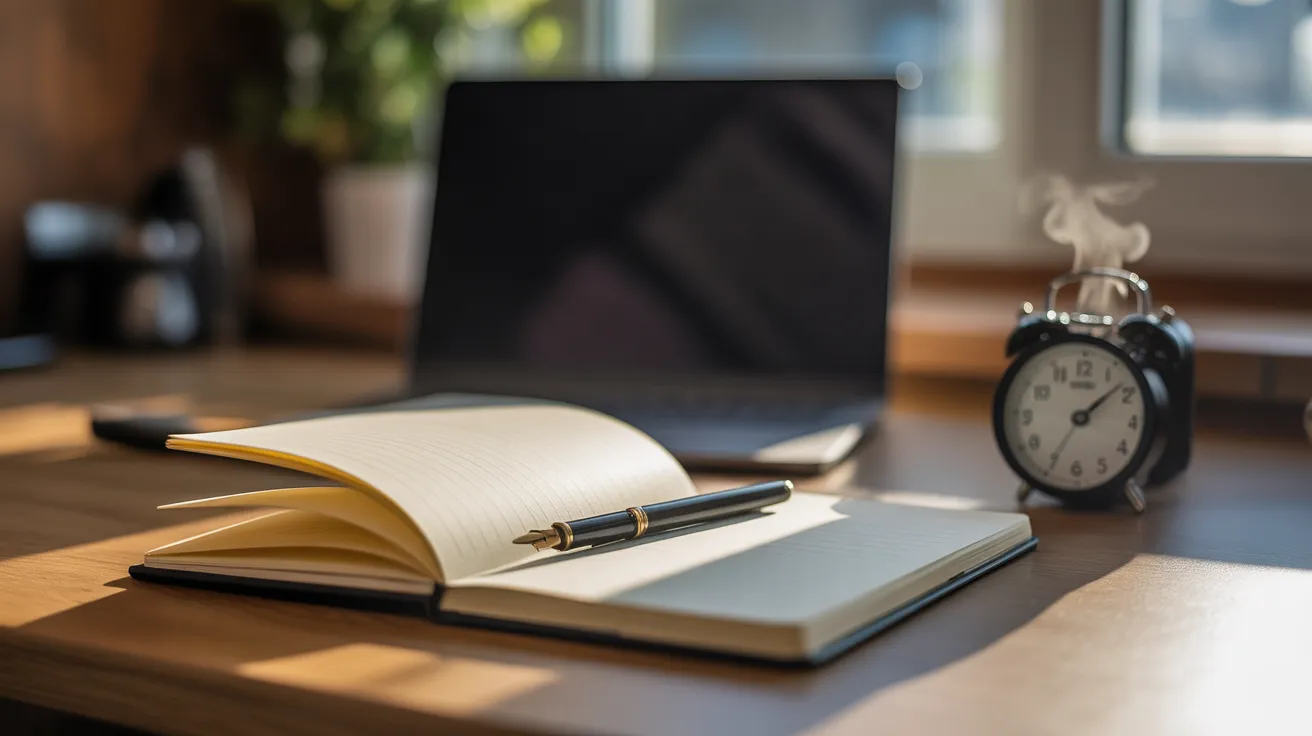 A minimal desk setup in the morning with an open notebook and pen, a cup of tea, an analog clock, and a closed laptop in the background.