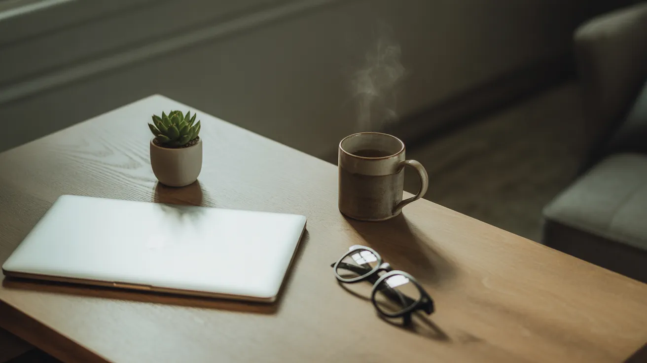 A tidy desk with a closed laptop, steaming mug, small plant, and reading glasses, signifying a calm start to the workday.