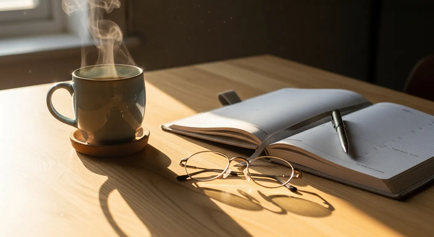 An open planner and a steaming mug sit on a sunlit desk, with a pen and reading glasses nearby, ready for the day.