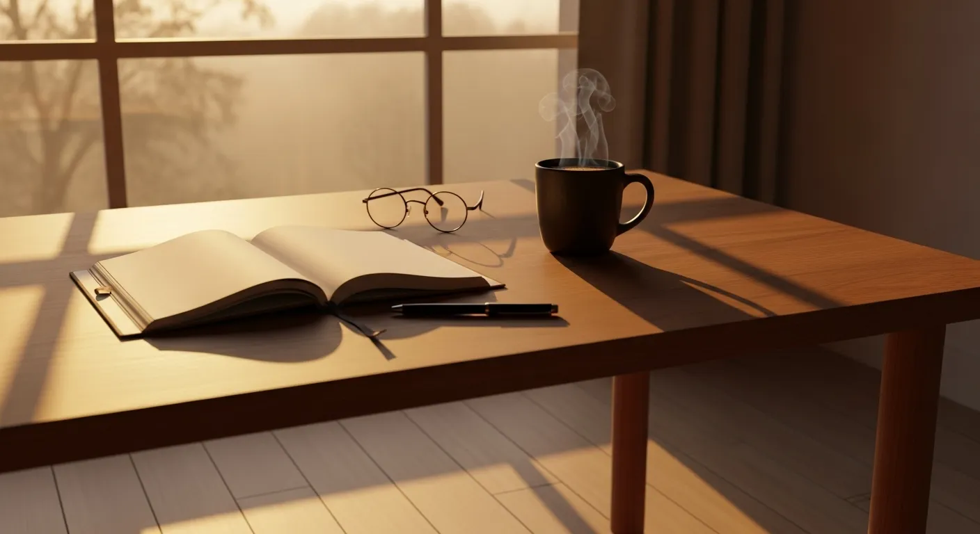 A journal and pen on a wooden desk with a coffee mug and reading glasses, illuminated by soft morning light from a window.