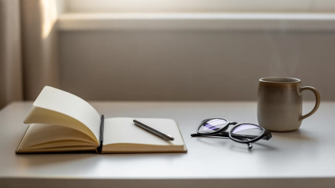 A clean desk with an open notebook, a pen, reading glasses, and a mug, illuminated by gentle morning sunlight.