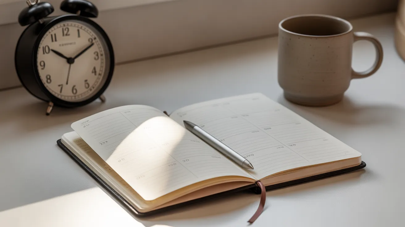 A desk with an open planner, a pen, a mug, and a small analog clock set to 8:30 AM in the morning.