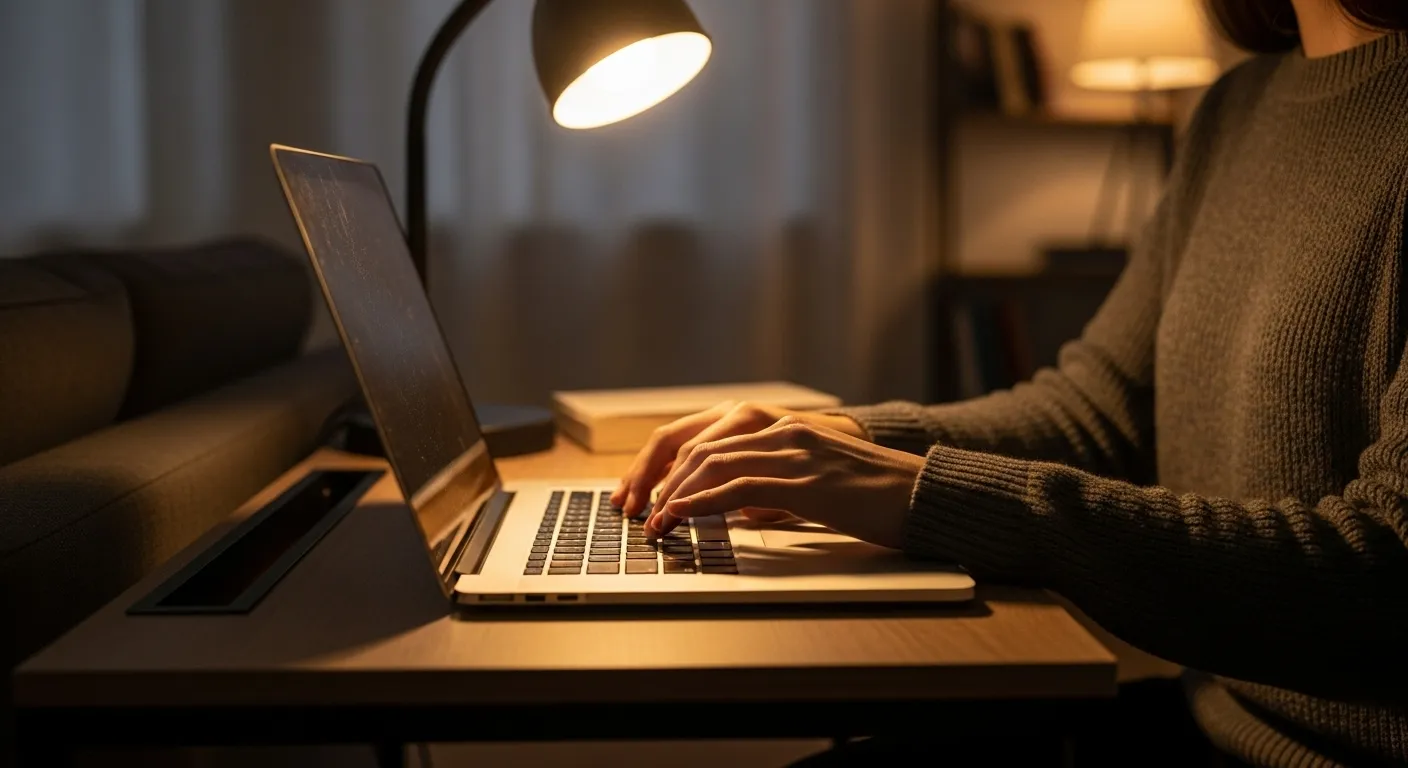 Close-up of a person's hands on a laptop. The desk is a slim console table in a cozy room, lit by a warm lamp.