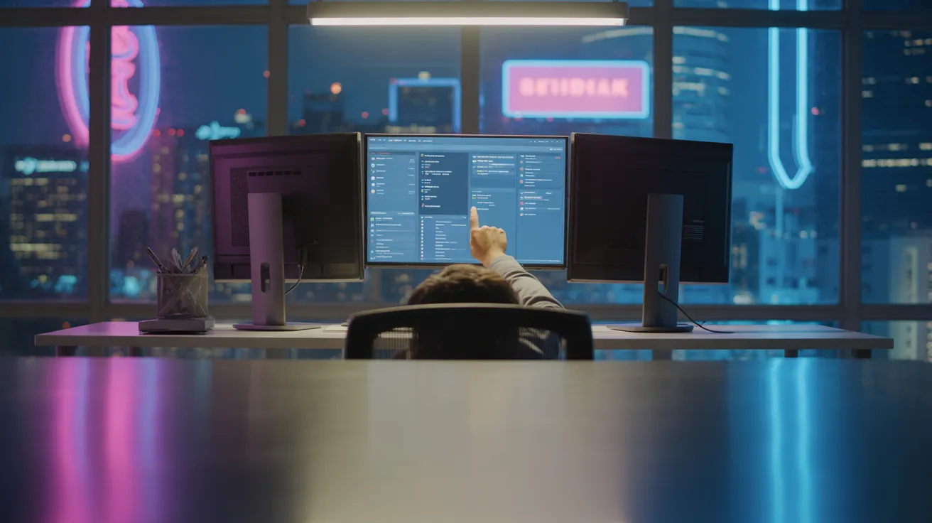 A low angle view of a person working at a dual-monitor computer in a modern office at night, with neon city lights reflecting on the desk.