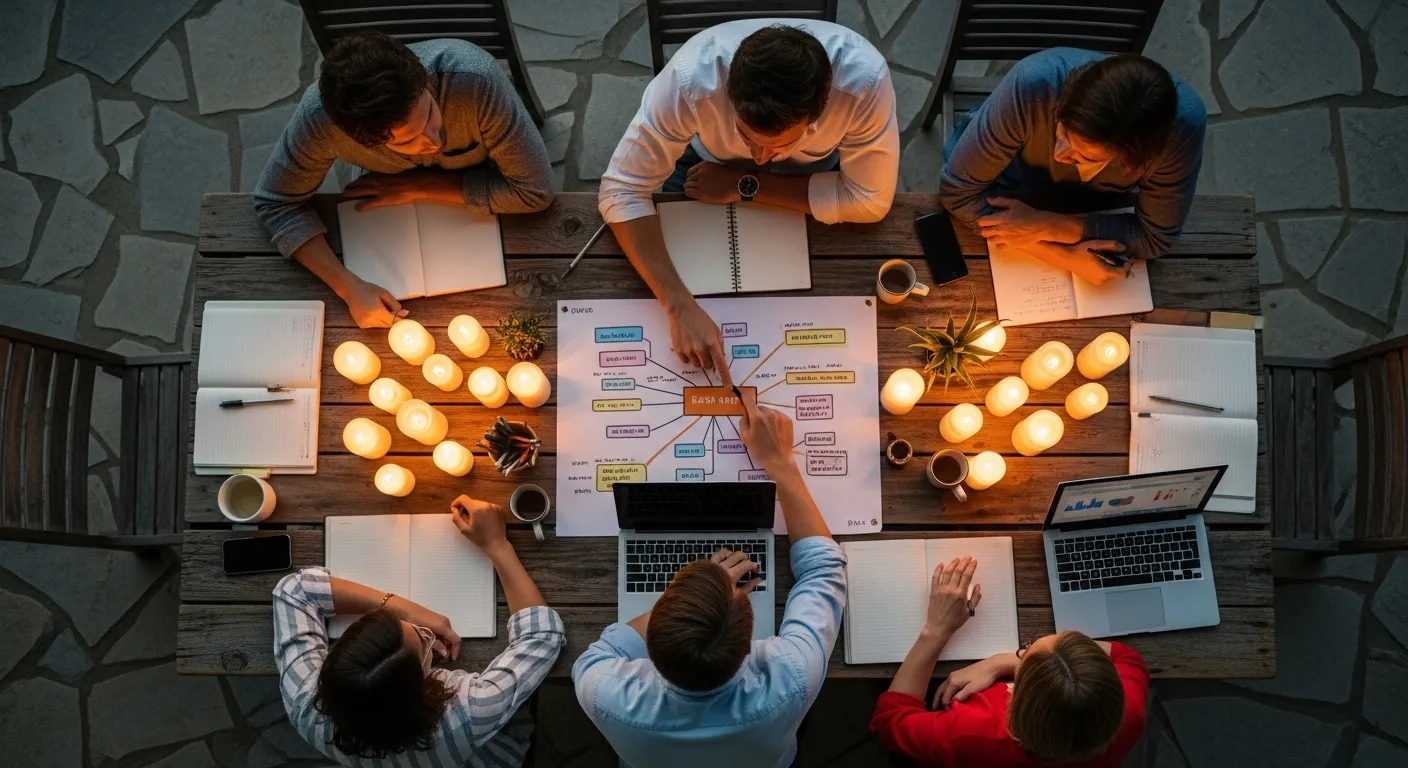 An overhead view of a team meeting at a candlelit table outdoors, with a person's hand pointing to a central document.