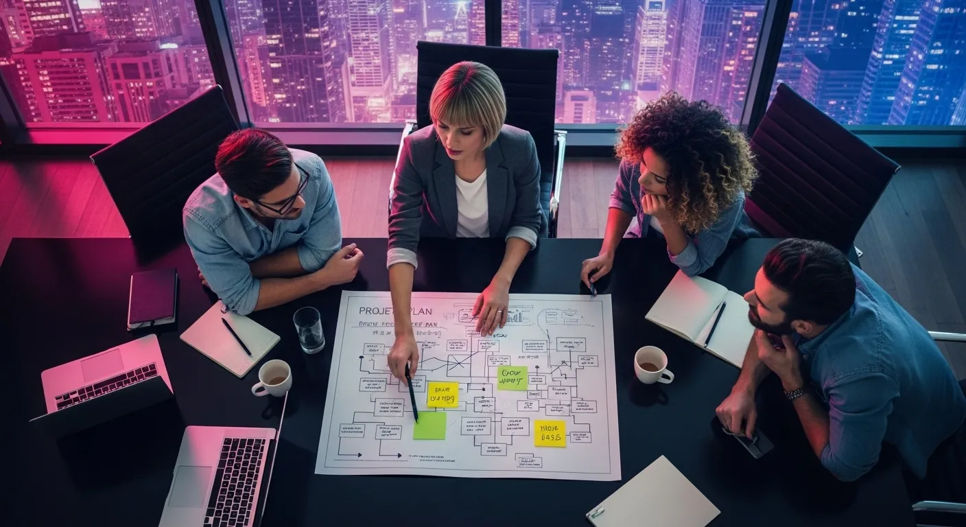 An overhead photo of a team meeting at night. People are gathered around a large document, bathed in the colorful light of neon signs from outside.