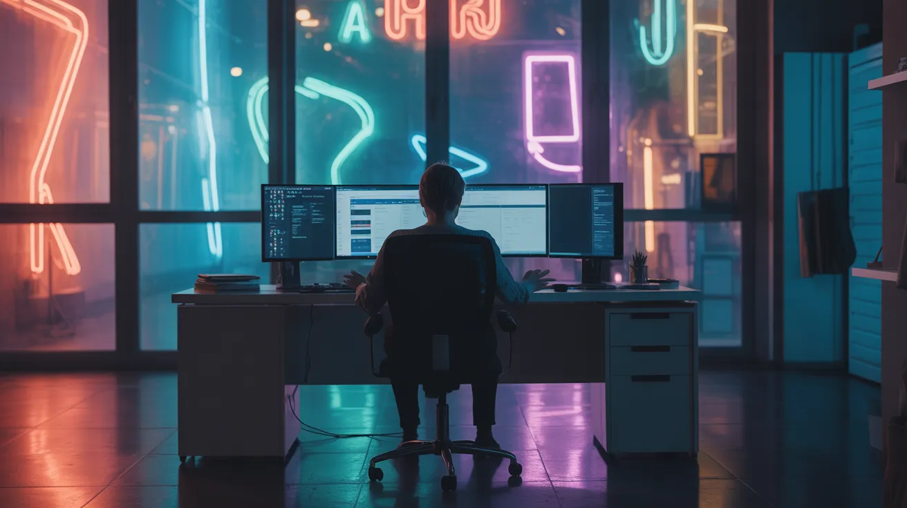 A person working at a dual-monitor setup in a dark office, illuminated by neon lights from the city outside the window.