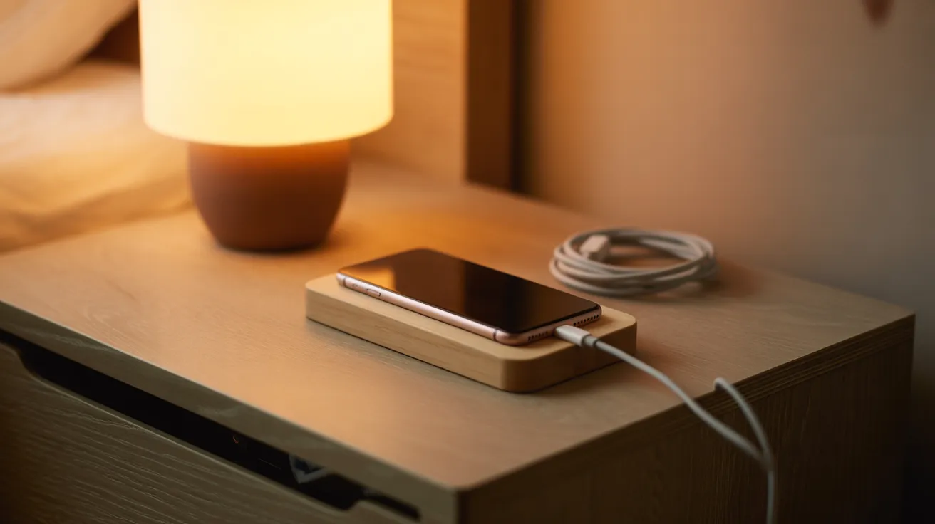 A smartphone lies face down on a wooden charging tray next to a coiled cable on a bedside table, lit by a warm lamp.