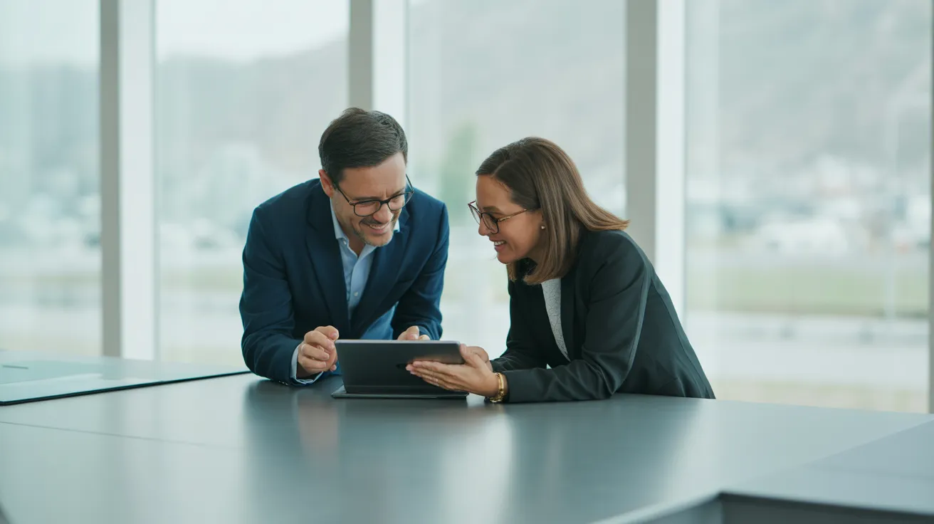 Two colleagues actively collaborate using a tablet in a modern, open-plan office with soft natural light from overcast skies.