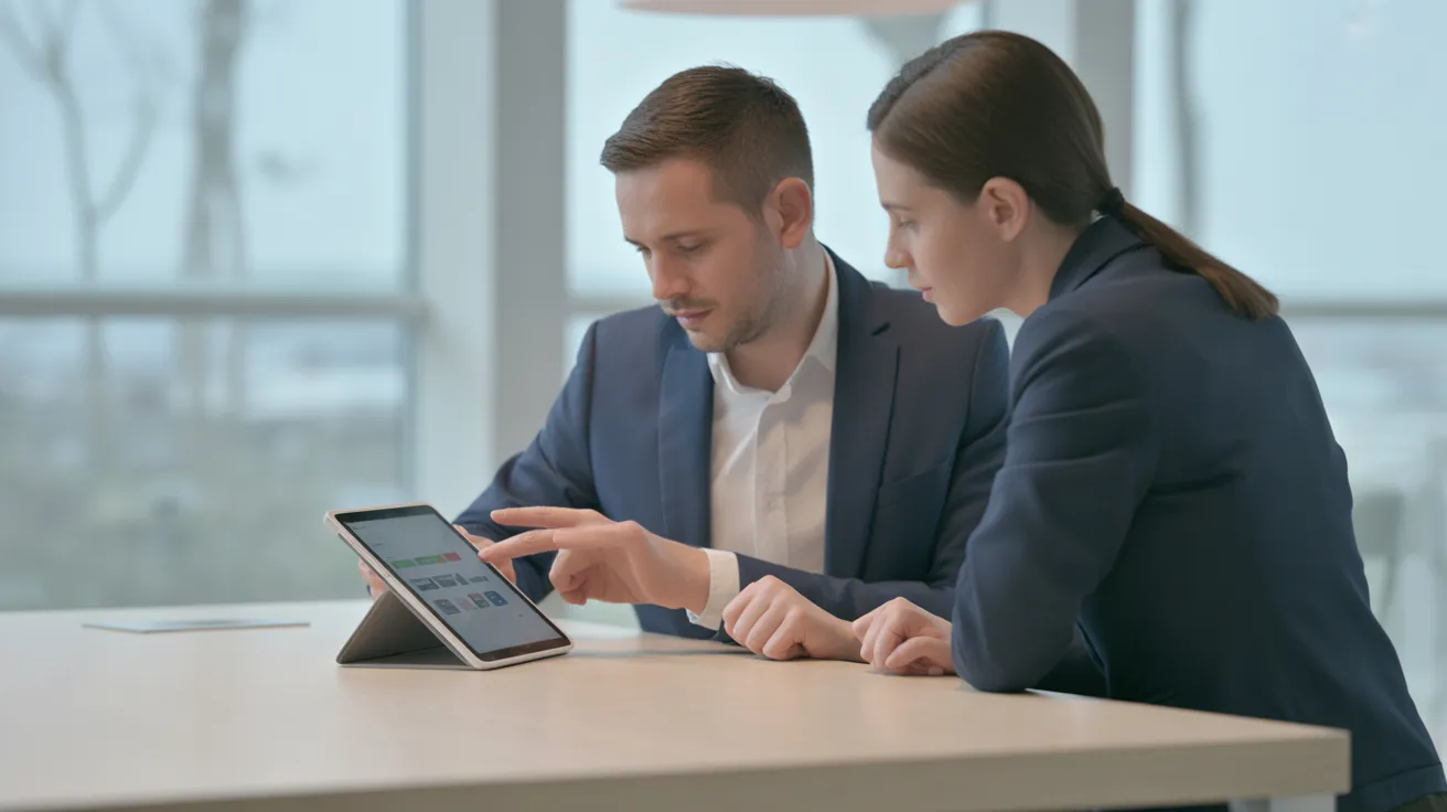 Two diverse colleagues actively discuss a project at a modern desk, with one gesturing towards a tablet screen in a brightly lit office.
