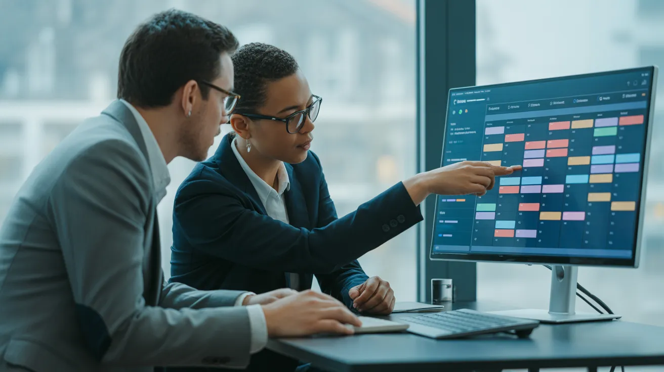 Two colleagues in a modern office discuss a project while looking at a computer screen showing an out-of-focus, color-blocked calendar.