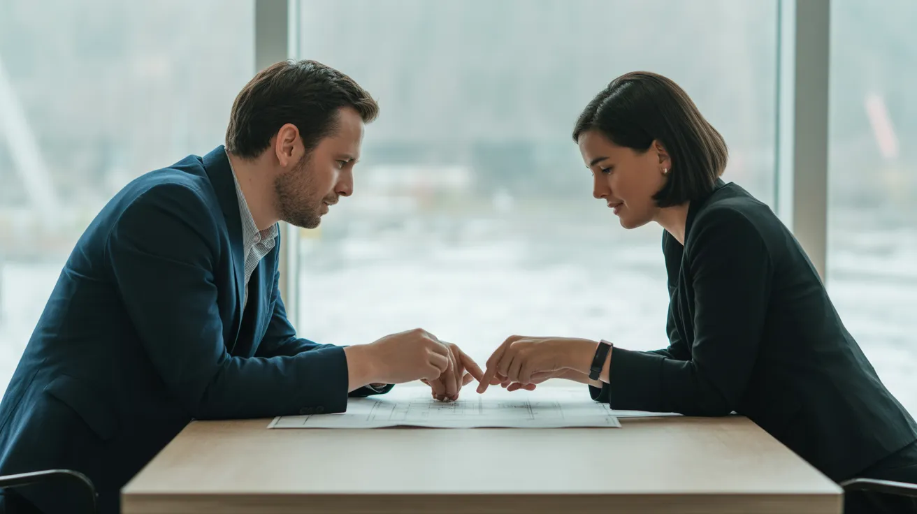 Two colleagues collaborating over a large document on a desk in a bright, modern office with soft, overcast light.