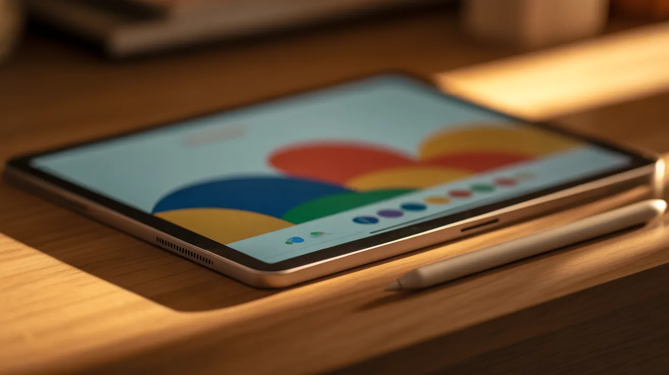 A tablet with a brightly colored but completely blurred screen sits on a wooden desk during golden hour, a stylus next to it.