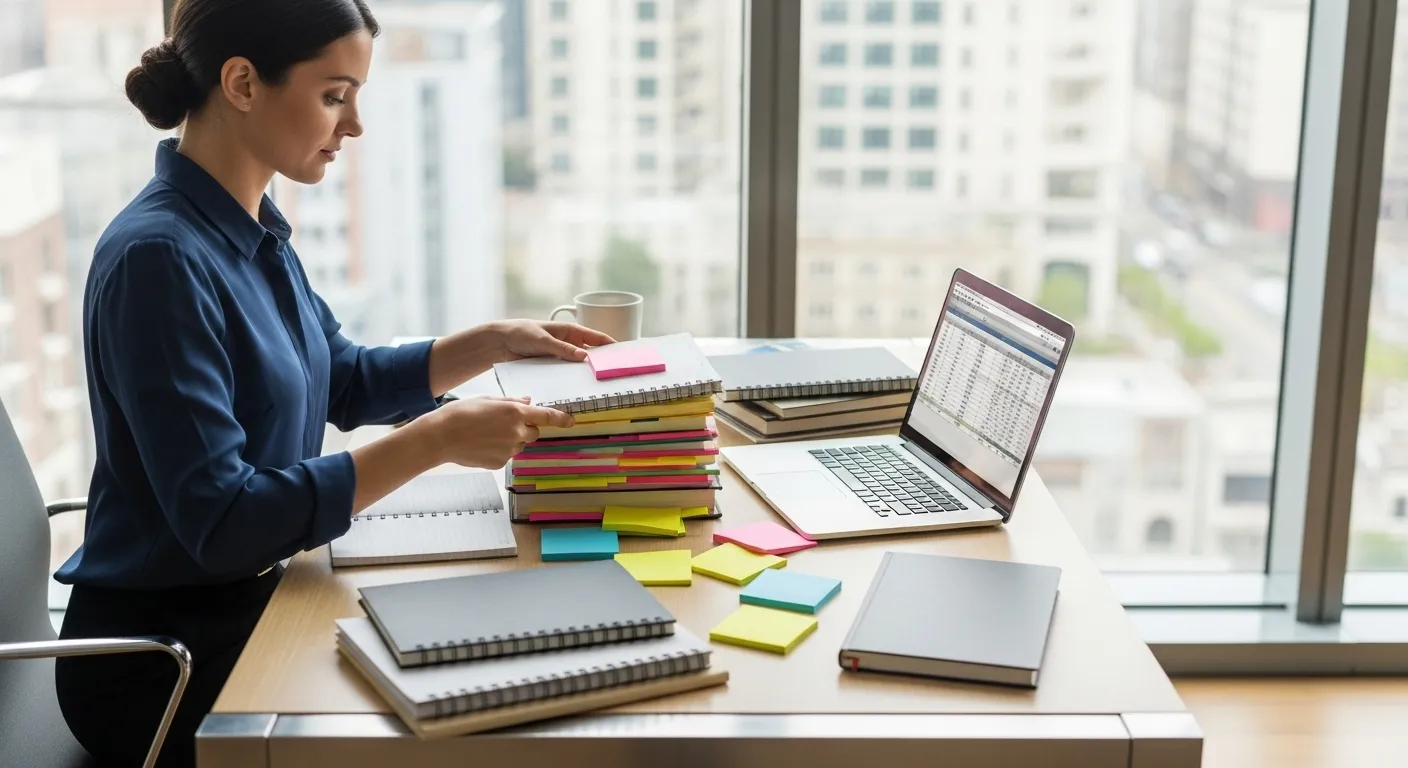 A person at a sunlit desk brings order to their workspace by organizing scattered notes and notebooks into a tidy stack.