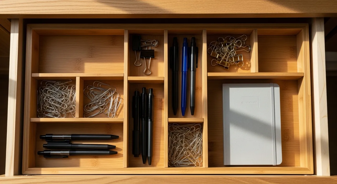 A close-up, top-down view of a neatly organized office supply drawer with wooden dividers, filled with pens and clips in soft daylight.