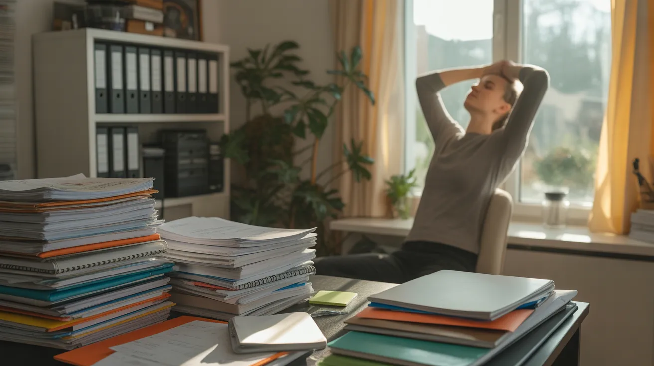 A person takes a stretching break in a home office with organized stacks of paper on the desk, illuminated by harsh midday sun from a window.