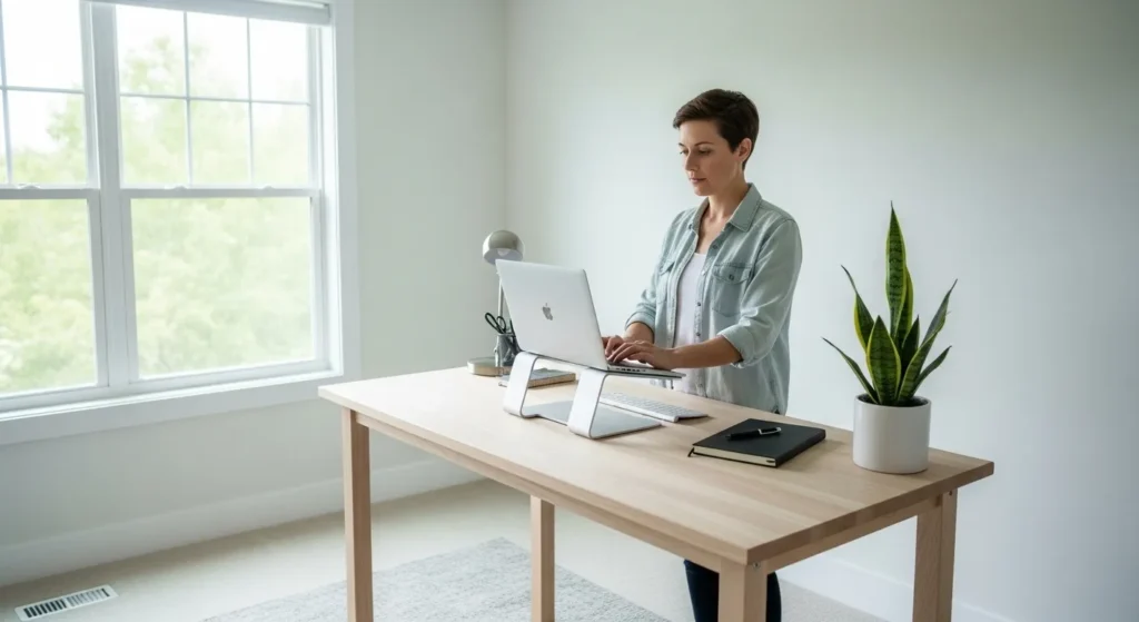 A person stands at a tidy desk with a laptop and plant, seen from a distance in a sunlit modern home office.