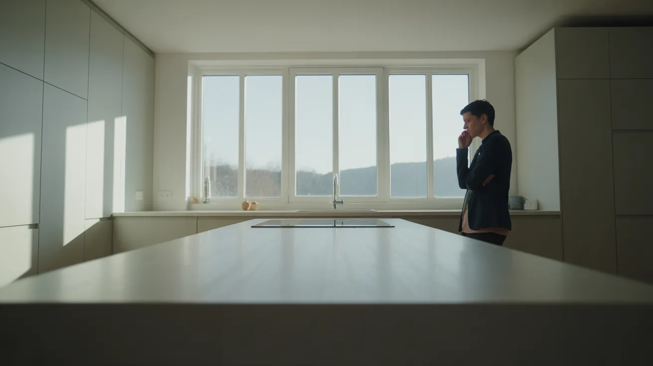 A person takes a mindful break in a sun-drenched, organized kitchen. Strong light highlights the clean lines of the counter and cabinets.