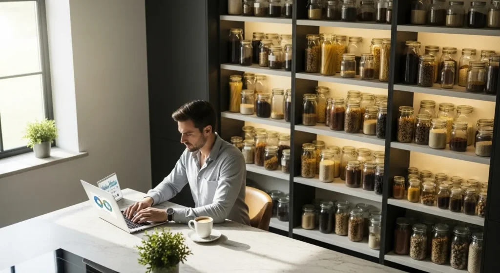 A person works on a laptop at a clean kitchen island, with a tidy, organized kitchen pantry visible in the background.