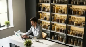 A person works on a laptop at a clean kitchen island, with a tidy, organized kitchen pantry visible in the background.