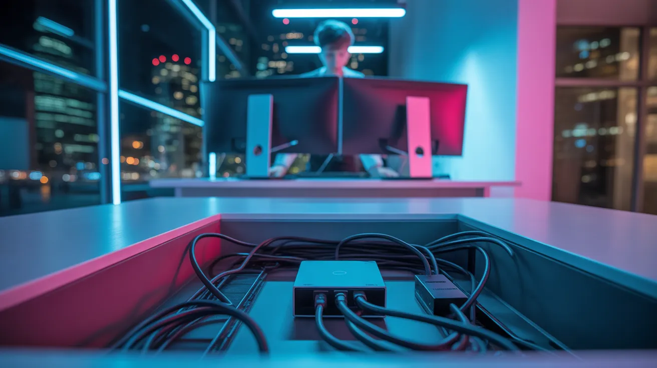 A low-angle view of a tidy cable management box and organized wires under a desk. A person sits at the desk in the background of a neon-lit office.