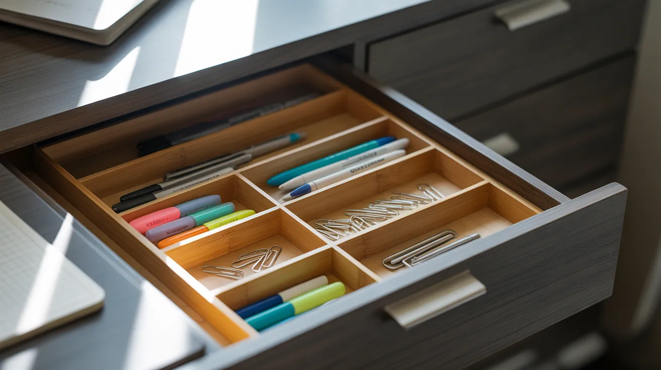 An open desk drawer with wooden dividers neatly organizing pens, pencils, and other office supplies.