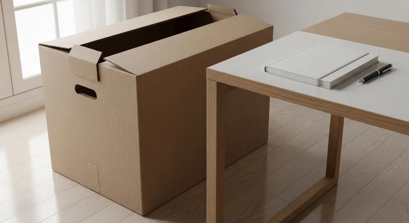 A tidy desk with a new notebook, with a large cardboard archive box on the floor beside it, suggesting a transition to an organized system.