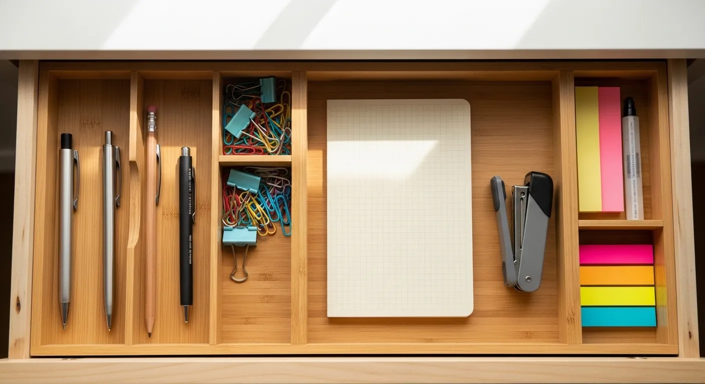 An open desk drawer with wooden dividers neatly organizes pens, paper clips, and other office supplies.