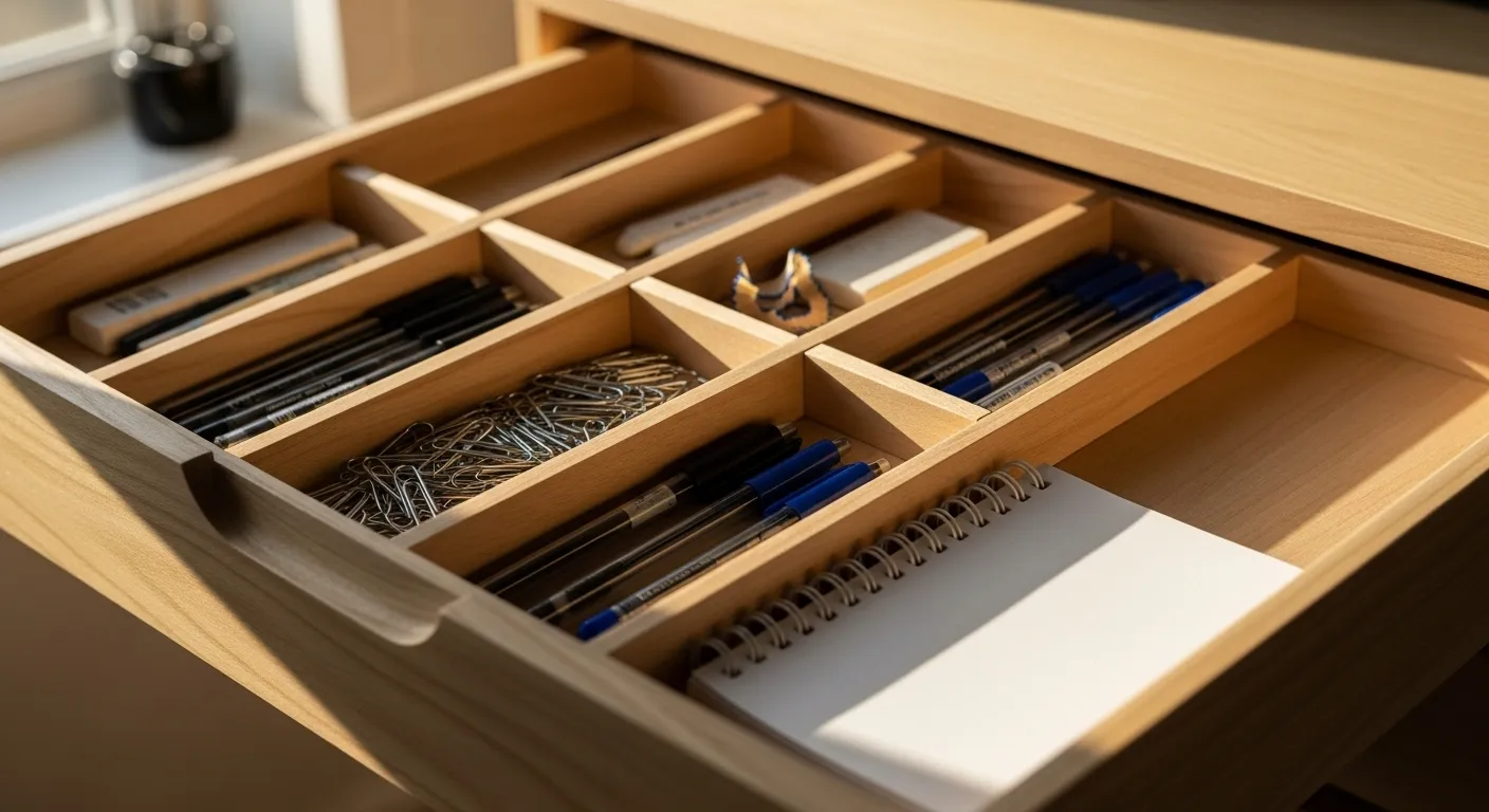 An open desk drawer is shown with wooden dividers, creating neat compartments for office supplies like pens and paper clips.