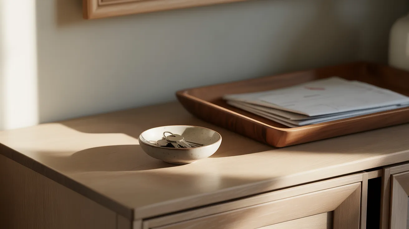 A tidy entryway table with a bowl for keys and a tray for mail, organized to create a calm and functional space.
