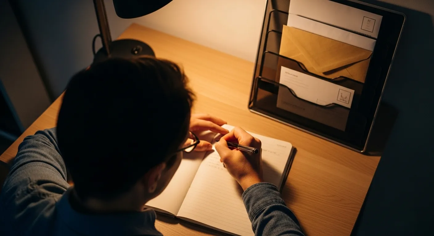 A person writing in a notebook at a desk under warm lamplight, with an organized vertical letter sorter in the background.