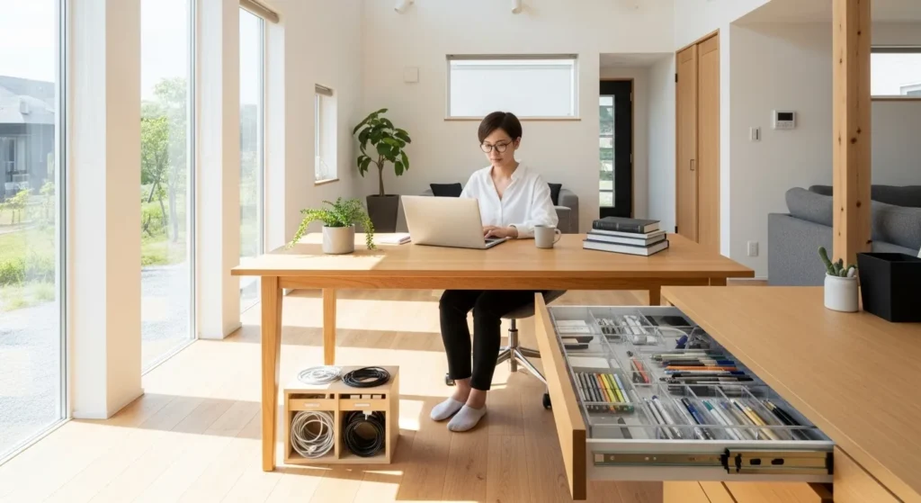 A wide view of a woman working at a tidy, organized desk in a sunlit home office, with a cable management box visible.
