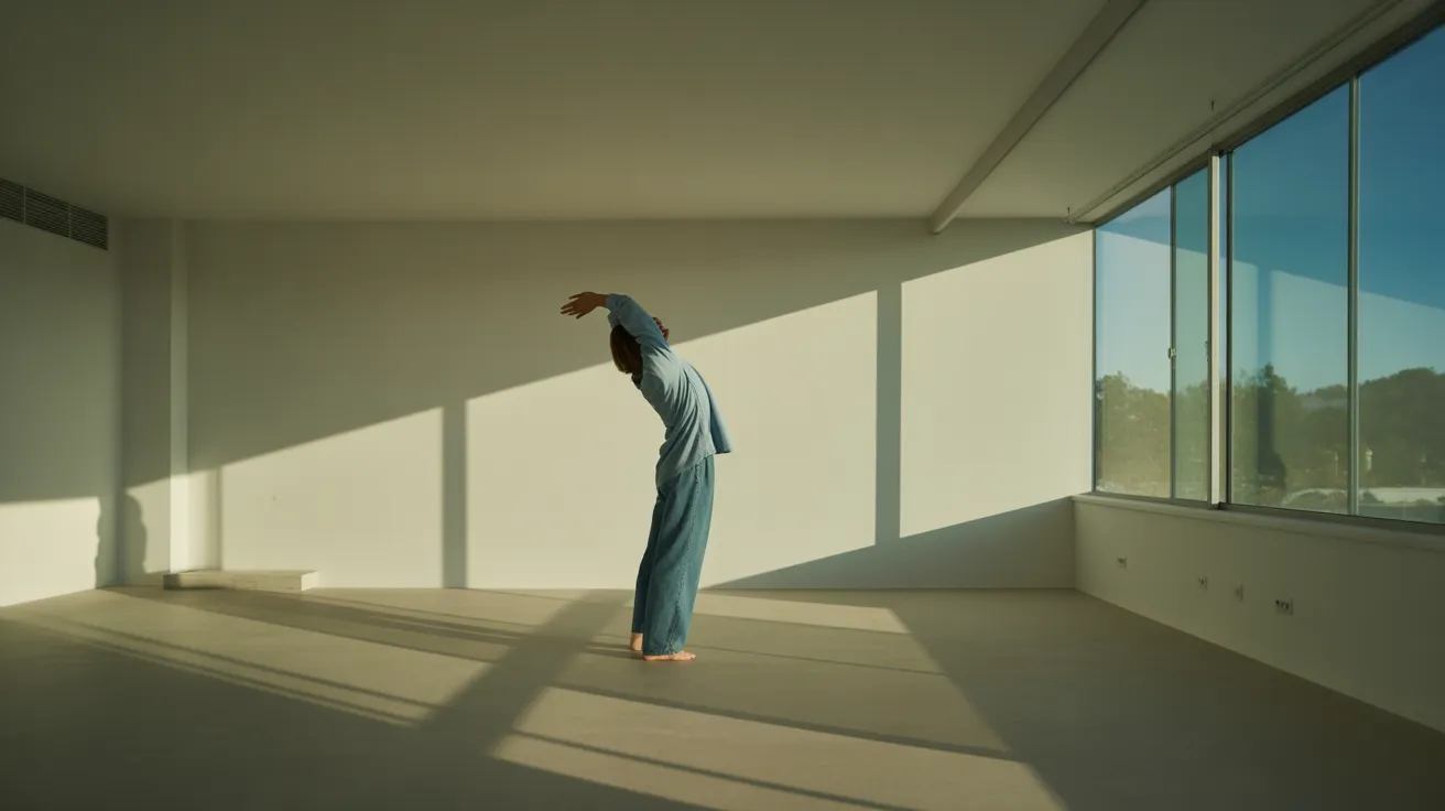 A wide view of a sunlit, organized home office. A person stretches by the window, with long shadows on the floor.